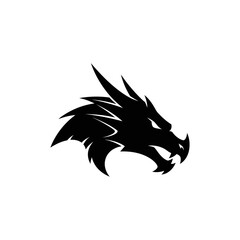 A stylized, silhouetted dragon head with sharp details and a fierce, aggressive expression