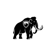 Obraz premium A stylized black silhouette of a mammoth with a shield emblem on its side and large tusks