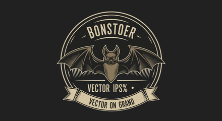 A vintage-styled emblem featuring a bat with outstretched wings, text in a circle and banner.