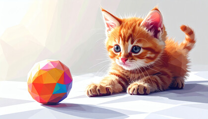 Polygonal kitten playing with polygon ball on a white background showcasing geometric animal design, modern 3D feline illustration, and minimalist digital art style