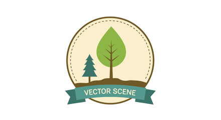 An illustrated badge featuring trees, a banner, and a circular design.