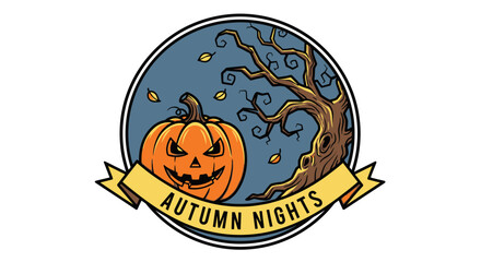 Illustration of a spooky pumpkin, bare tree, and falling leaves against a dark blue background, with a banner reading 