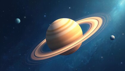 Naklejka premium Illustration of Saturn in space with rings and other planets in cosmic background. Digital art features celestial elements ideal for space exploration and astrology themes.
