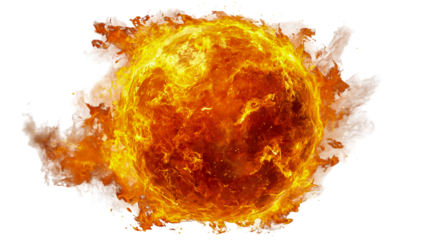 Fiery glowing sun with solar flares isolated on transparent background