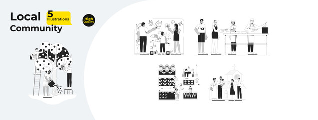 Local community volunteering and gardening outline illustrations mega bundle. Painting mural. Soup kitchen. Harvesting, church 2D linear images isolated. Collection black and white vector drawings
