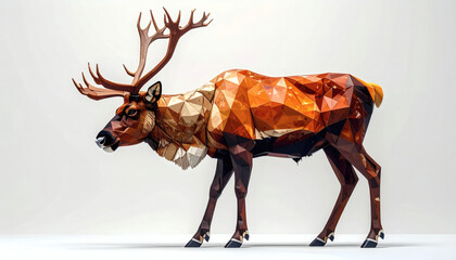 Polygonal reindeer with polygon antlers and brown faceted body on a white background showcasing geometric holiday design, modern 3D festive illustration, and minimalist digital art style