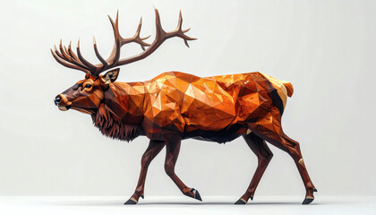 Polygonal reindeer with polygon antlers and brown faceted body on a white background showcasing geometric holiday design, modern 3D festive illustration, and minimalist digital art style