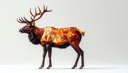 Polygonal reindeer with polygon antlers and brown faceted body on a white background showcasing geometric holiday design, modern 3D festive illustration, and minimalist digital art style