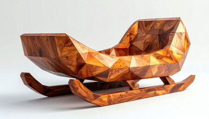 Polygonal sled with angular polygon wood texture on a white background showcasing geometric holiday design, modern 3D winter illustration, and minimalist digital art style