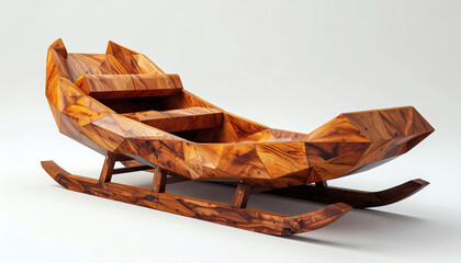 Polygonal sled with angular polygon wood texture on a white background showcasing geometric holiday design, modern 3D winter illustration, and minimalist digital art style