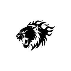 Silhouette of an enraged lion's head, featuring flames