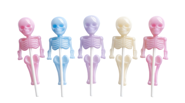 Colorful Halloween Alien Skeleton Plastic Doll. Watercolor 2D style isolated on transparent background.