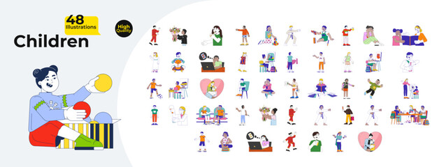 Diverse children activities and education cartoon flat illustrations mega bundle. Kids learning, playing, reading, drawing, doing sports 2D images isolated. Collection vector drawings colorful