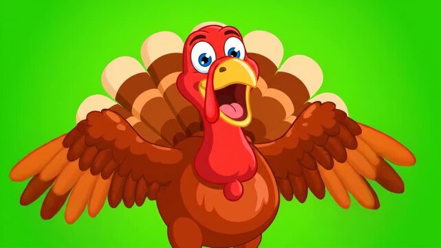 A happy and cheerful cartoon turkey with colorful feathers spreads its wings with a joyful expression ready to celebrate the Thanksgiving holiday

