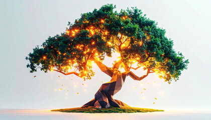 Polygonal tree with glowing polygon leaves for fantasy scene on a white background showcasing geometric nature design, modern 3D magical illustration, and minimalist digital art style