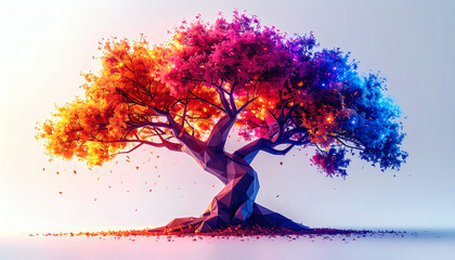 Polygonal tree with glowing polygon leaves for fantasy scene on a white background showcasing geometric nature design, modern 3D magical illustration, and minimalist digital art style