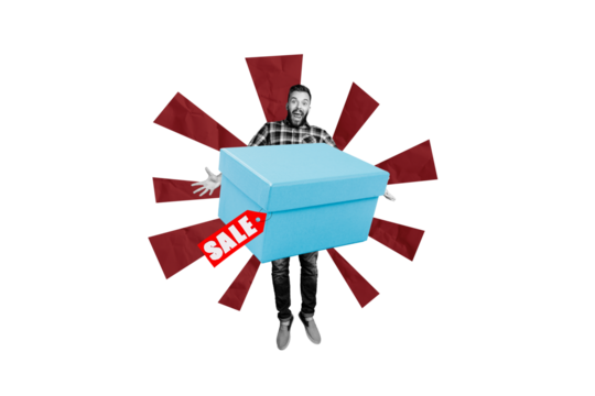 Composite photo collage of excited crazy man jump box surprise shipment shopaholic sale low price discount isolated on painted background