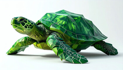 Polygonal turtle with angular green polygon shell on a white background showcasing geometric animal design, modern 3D reptile illustration, and minimalist digital art style