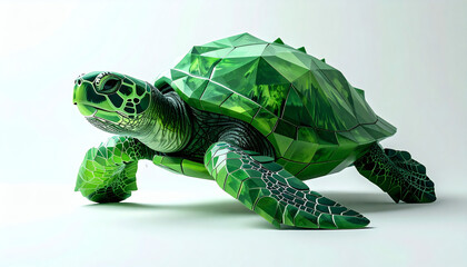 Polygonal turtle with angular green polygon shell on a white background showcasing geometric animal design, modern 3D reptile illustration, and minimalist digital art style