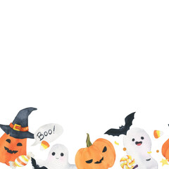 Watercolor Halloween seamless border. Print with Halloween pumpkin, ghosts, bat and candies. Festive design and decoration. Fun holiday pattern
