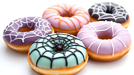 A variety of donut flavors decorated with Halloween themes.
