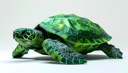 Polygonal turtle with angular green polygon shell on a white background showcasing geometric animal design, modern 3D reptile illustration, and minimalist digital art style