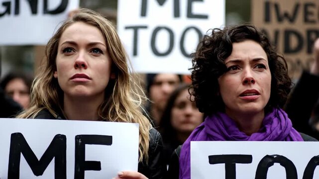 Two determined and passionate women stand in a crowd at a protest holding "Me Too" signs to fight against sexual harassment and support women's rights

