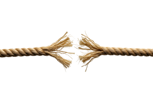 Tension snaps as thick rope breaks apart, symbolizing failure, limits reached, or the end of connection, perfect for concepts of stress and breaking points.