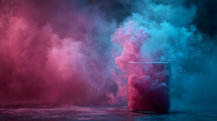 Vibrant pink and blue smoke swirling out of a glass beaker in a dark atmospheric studio setting