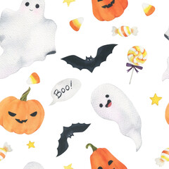 Watercolor Halloween seamless pattern. Print with Halloween pumpkin, ghosts, bat and candies. Festive design and decoration of wrapping paper, textiles. Fun holiday pattern