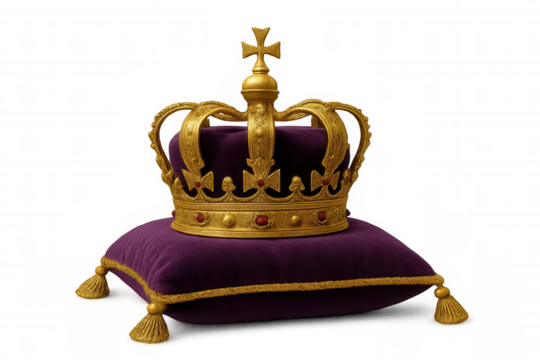 Royal gold crown resting on a purple velvet cushion, symbolizing monarchy, power, and leadership on transparent background