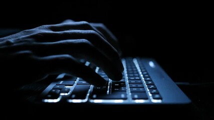 In a dark room a hacker's or programmer's hands are illuminated by the blue light of a backlit laptop keyboard as they type code or breach a system

 - Powered by Adobe