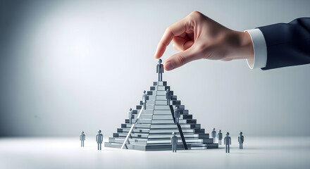 Professional hand strategically places a leader figure atop a tiered pyramid symbolizing career advancement and corporate hierarchy, representing success and achievement.