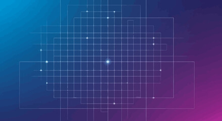 Abstract digital illustration featuring a grid pattern with glowing dots and a gradient background.