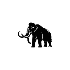 A silhouetted mammoth, a large, extinct mammal with curved tusks, stands