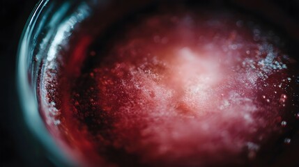 Extreme ro view of a dynamic red liquid showcasing effervescent bubbles and suspended particles swirling within a glass