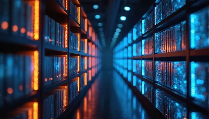 Rows of digital data storage units glow with blue, orange light in futuristic library. Futuristic digital library shelves with glowing data nodes. Information storage system concept. Future tech