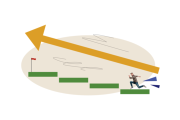 Collage young man runner achieve success positive results progress upstairs climb step finish flag destination reach persistence