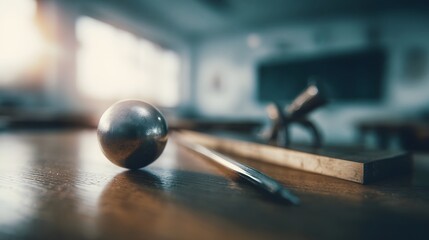 A close up of a metallic sphere and measuring ruler on a wooden desk in a sunlit classroom suggesting a physics experiment