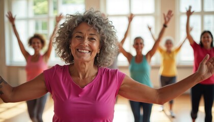Smiling senior woman leads group exercise at fitness class. Diverse females enjoy sport activity workout, dance together indoors. Mature ladies maintain healthy lifestyle in active aging community