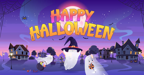 Happy Halloween poster with little ghosts  collect sweets