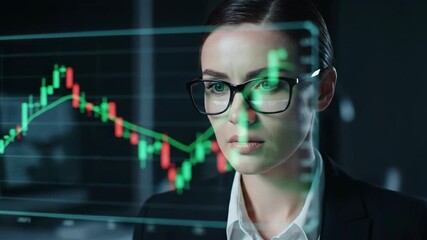A focused and professional businesswoman with glasses analyzes a fluctuating stock market candlestick chart on a futuristic transparent screen in a dark office

 - Powered by Adobe