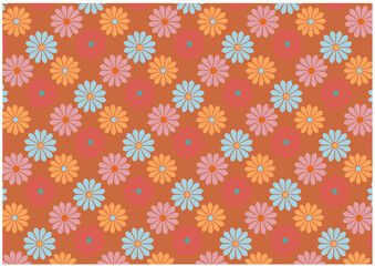 Retro floral pattern with orange background and colorful flowers.