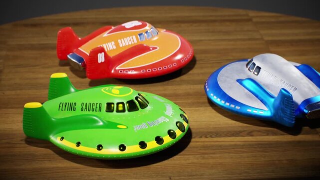 Group of bright toy alien flying saucers on rotating wooden desk surface, 3D computer graphics, moving image
