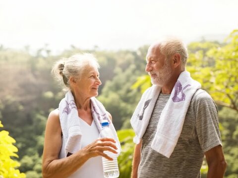 Enduring Love and Active Living: An older couple share an intimate moment amidst nature's embrace, towels draped, suggesting a shared commitment to health and well-being.