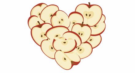 Artistic arrangement of sliced red apples meticulously formed into a heart shape, isolated.