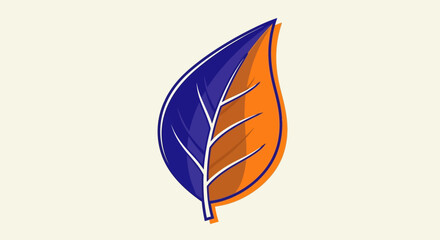 Stylized leaf illustration, split vertically with blue and orange colors, outlined in darker shades, on a light background.