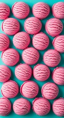 Obraz premium Rows of strawberry ice cream scoops on a bright turquoise background
