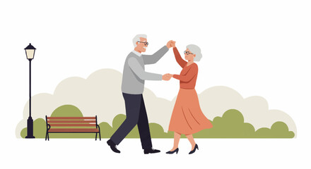 An elderly couple joyfully dances in a park, holding hands and enjoying their time together.