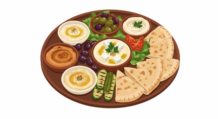 A vibrant illustration showcasing a delicious platter of Mediterranean appetizers, including hummus, olives, and pita bread.
